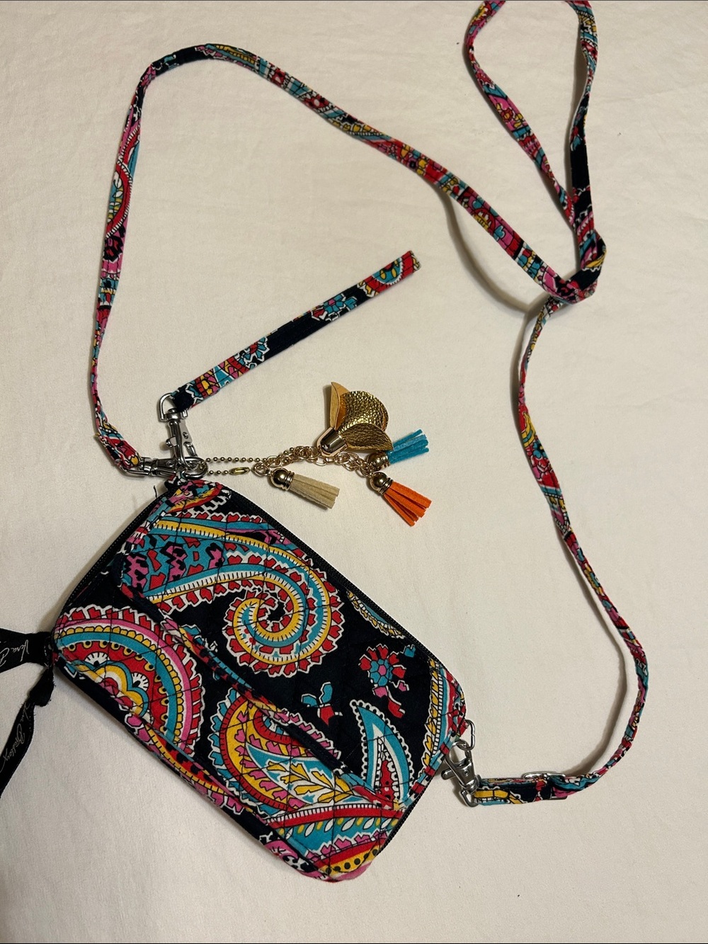 Vera Bradley Black Multi Paisley Crossbody Wallet with Tassel Charm